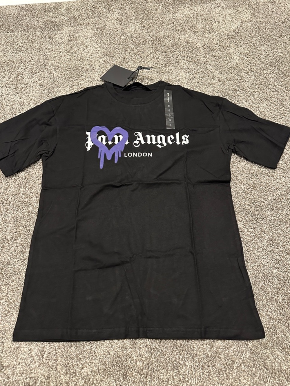 Palm Angels Black Tee with Purple Drip Heart and White Logo